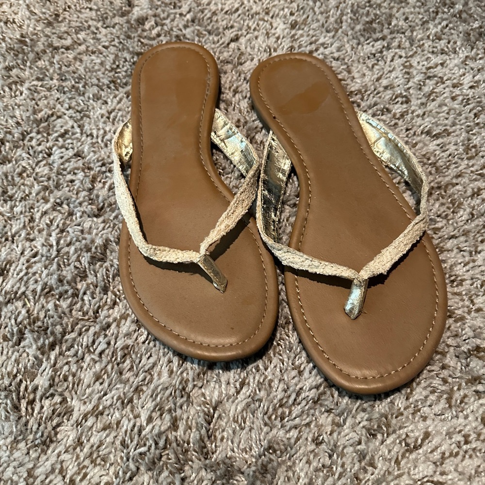 Gold and Cream Strap Sandals Macrame Detail Flip Flops Summer Footwear